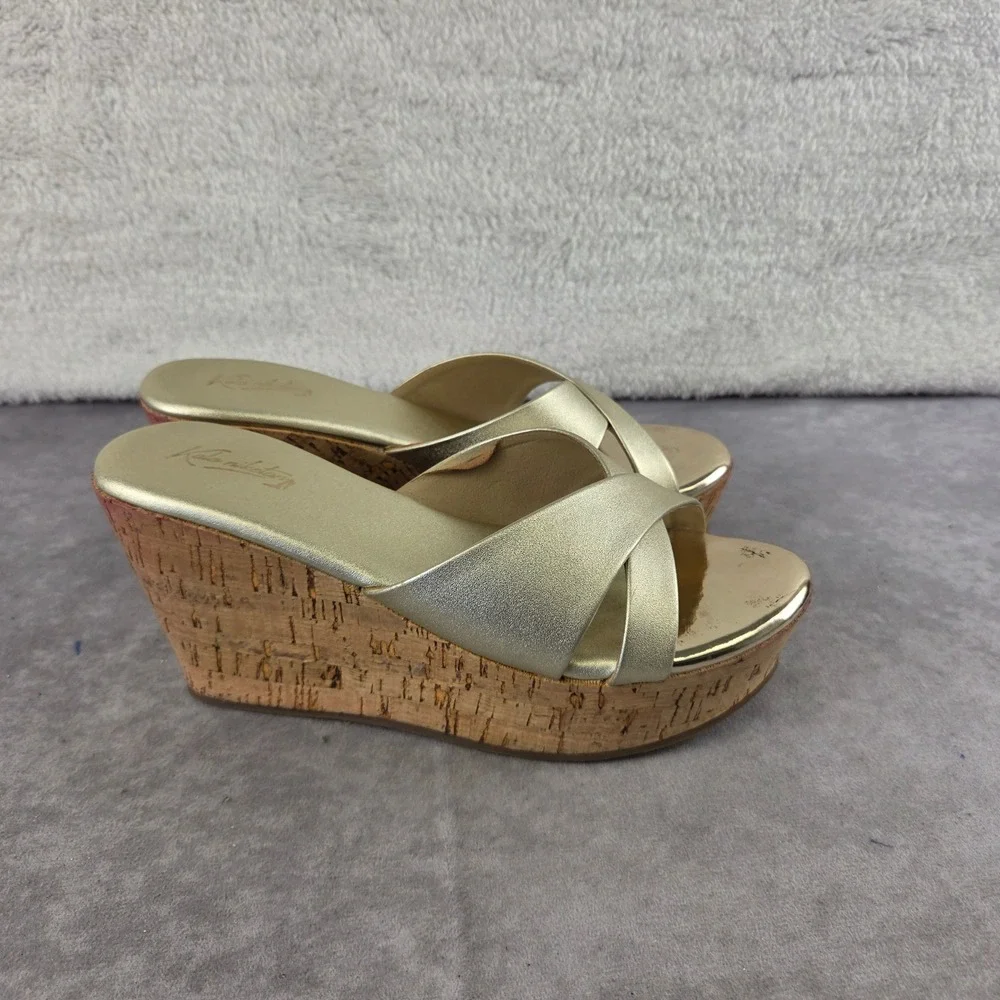 Kala Niketan Gold Metallic Cork Wedge Sandals Platform Slides Womens